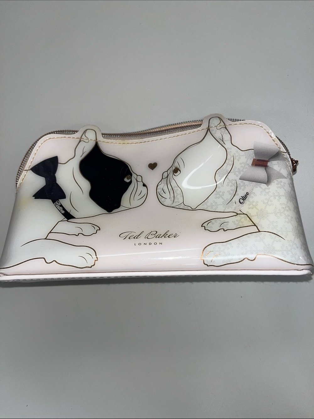 Ted Baker Pale Pink Bulldog Plastic Cosmetic Pouch with Printed Bow Detail